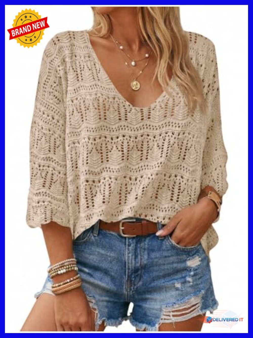 Womens Crochet Cover Up Sweater Top V-Neck 3/4 Sleeve Beach Vacation Knit